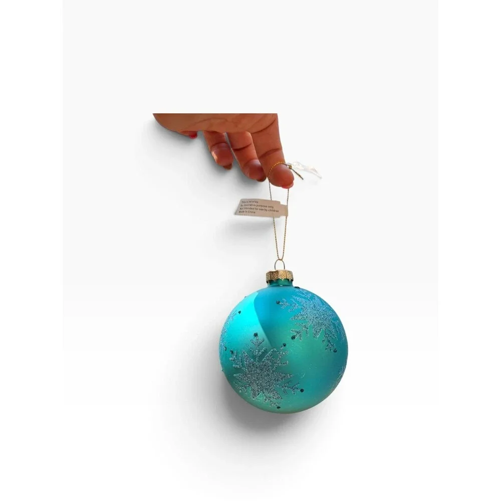 New $35 Turquoise Bauble glass Christmas ornament ball with glitter snowflake